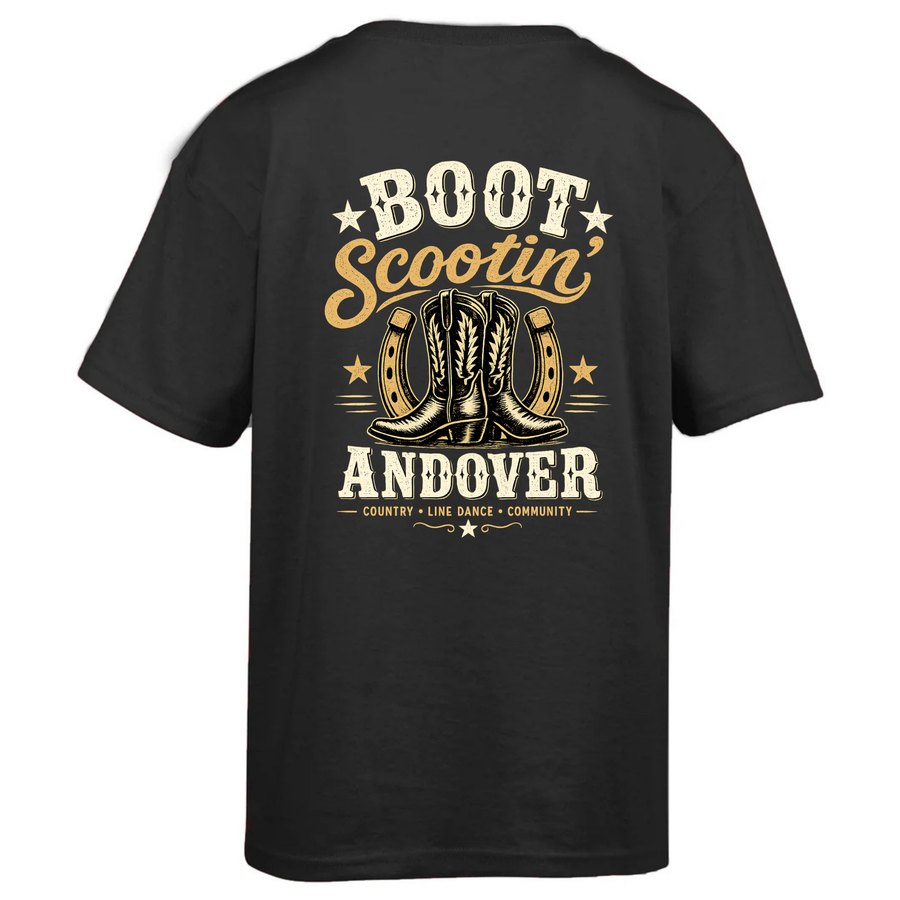 Black Boot Scootin' Andover t-shirt with cowboy boots and horseshoe back print