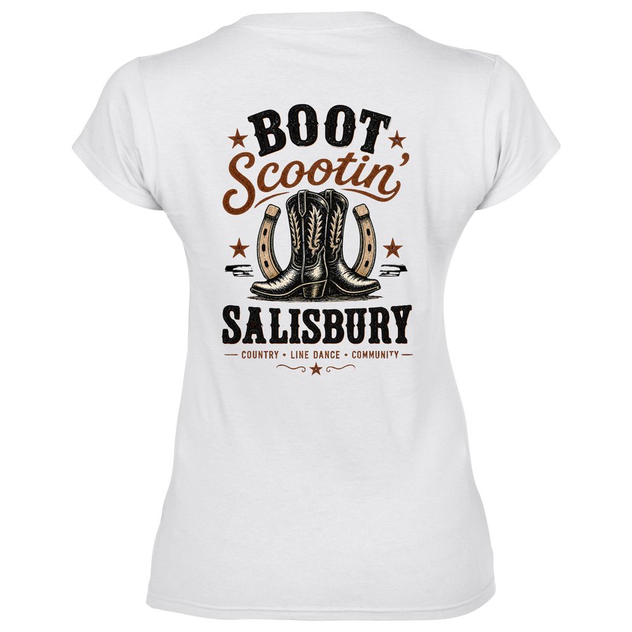 White Boot Scootin' Salisbury women's v-neck t-shirt with cowboy boots and horseshoe back print